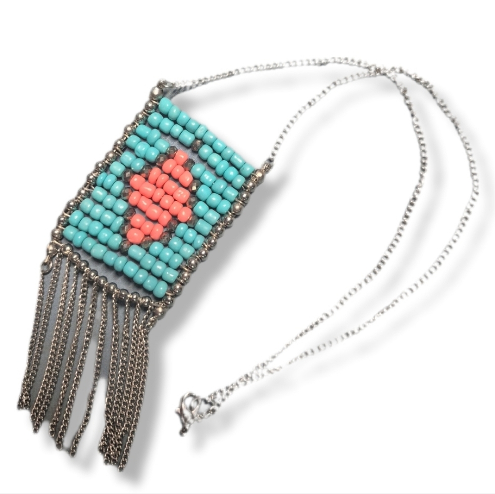 Silver Tone Chain Necklace with Turquoise & Pink Beaded Silver Fringe Pendant